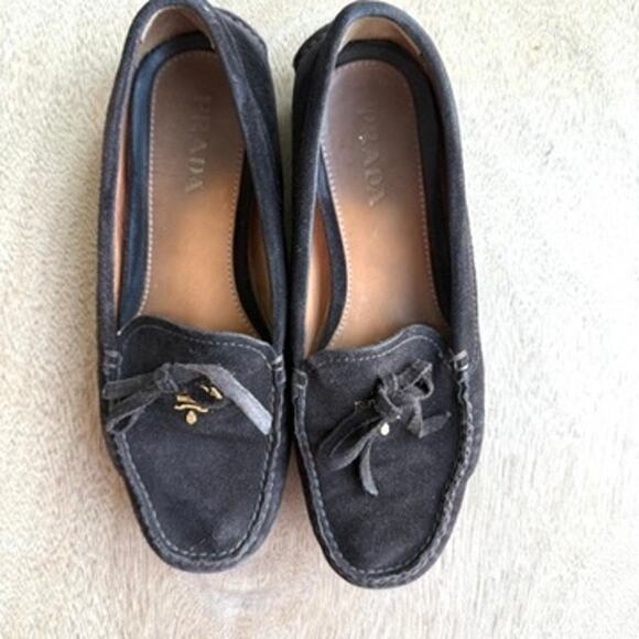 PRADA Suede Driving Loafers Brown Bow Logo Driving Shoes Made in Italy 37.5 - Picture 2 of 10